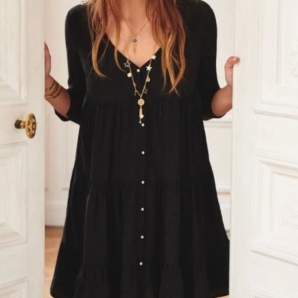 Sezane Aura Black 100% Silk Tiered Mini Dress Button Front Size 44/L